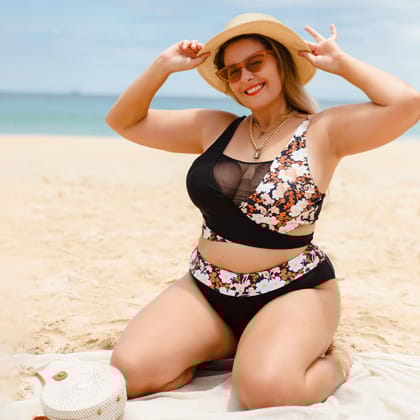 Floral Print Contrast Mesh Tie Back Bikini Swimsuit Floral Print Contrast Mesh Tie Back Bikini Swimsuit