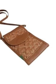 TULIP Traditional Artisians' Upliftment Livelihood Program Handwoven Rattan Crossbody Bag, Brown Leather Trim, Woven Straw Pattern, Metal Buckle Closure
