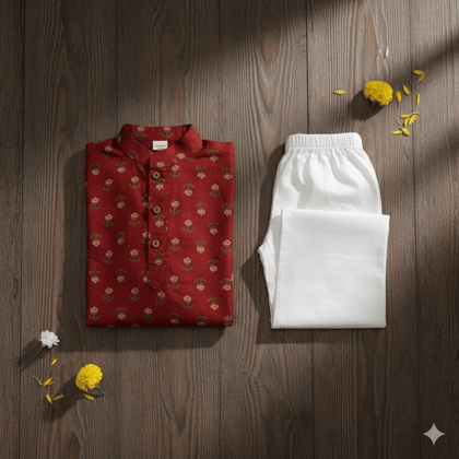 Kabir Kids Fashion Boys Maroon Printed Kurta Pajama Set Festive Ethnic Wear