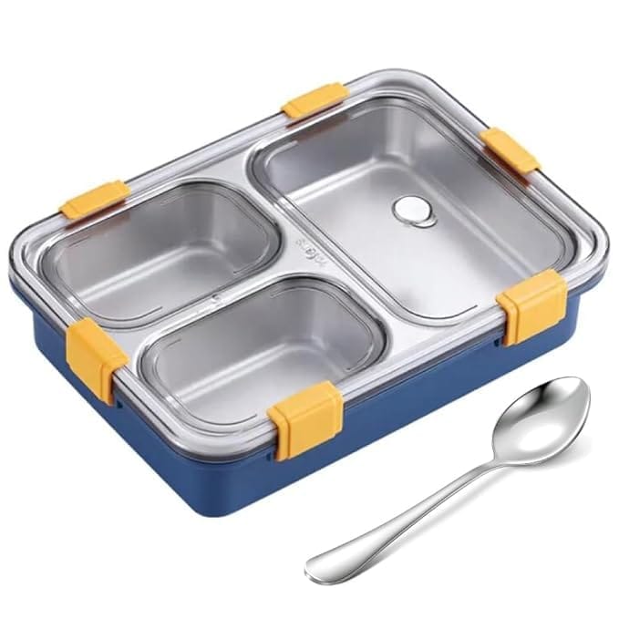 3 Compartment Stainless Steel Lunch Box with Spoon_assorted colour