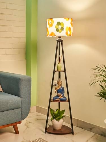 Lamp with 3 Shelves, Fresh Flower, Yellow, Metal Corner Floor Lamp for Living Room & Bedroom Decoration