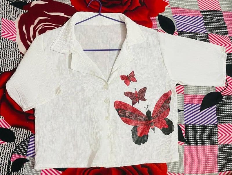Kajal Creation Butterfly Graphic Printed Crop Shirt for Women | White | Size M