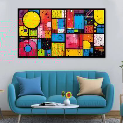 Luminary Pop Vibes Mosaic–Vivid Retro Museum-Quality Cotton Canvas Handprint for Playroom Décor | Frame Size (127 X 69 Cm) | Frame Type (Black) | 5-Year Warranty