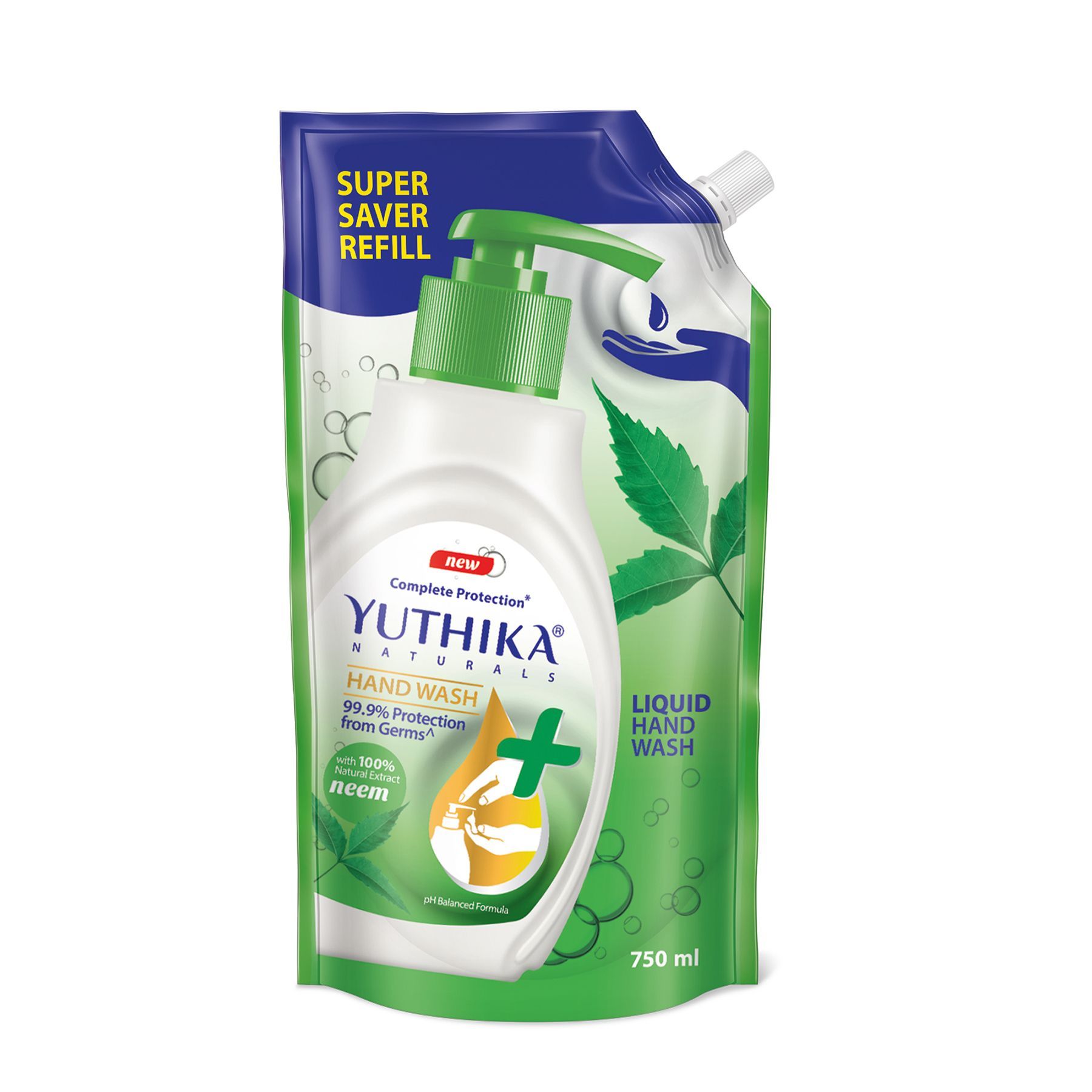 Yuthika Liquid Hand Wash Refill Pack 750ml Neem Handwash, Complete Germ Protection Handwash with a pH Balanced Formula