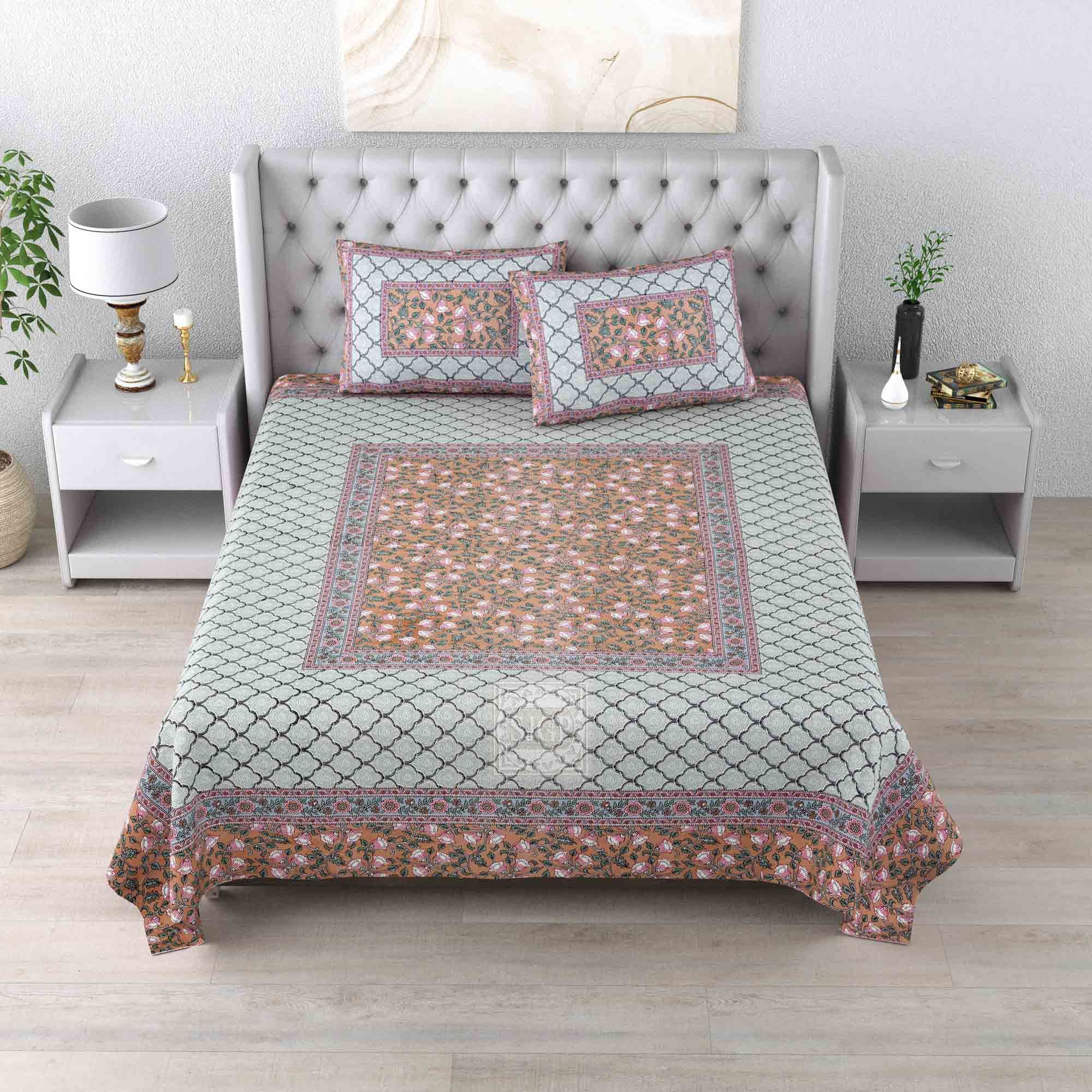 Luxurious Handcrafted Jaipuri Sanganeri Cotton Double Bedsheet Set