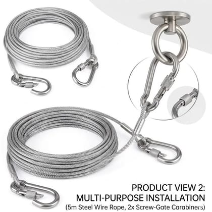 Heavy Duty 10 Meter Stainless Steel Wire Rope Cable with Carabiner Hooks | Rustproof Hanging Cable for Lights, Plants, Shade Sails, Banners, Garden & Outdoor Use