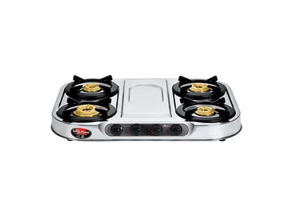 Surya Flame Naples Gas Stove 4 Burner Stainless Steel, Tri-Pin Brass Burners with Jumbo Burner, 4 Burner Steel gas Stove with 360 Revolving Nozzle, Brass Valve, ABS Knobs 