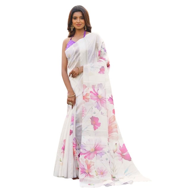 Generic Women's Georgette Floral Printed Saree with Unstitched Blouse Piece, Soft Lightweight 5.5 m Sari for Daily, Office and Wear (White-Pink, Design 67628)