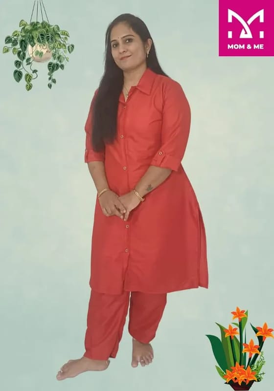 Mom And Me Red Linen Cotton Co-Ord Set (L) | Textured Tunic & Pants | Office & Casual Wear
