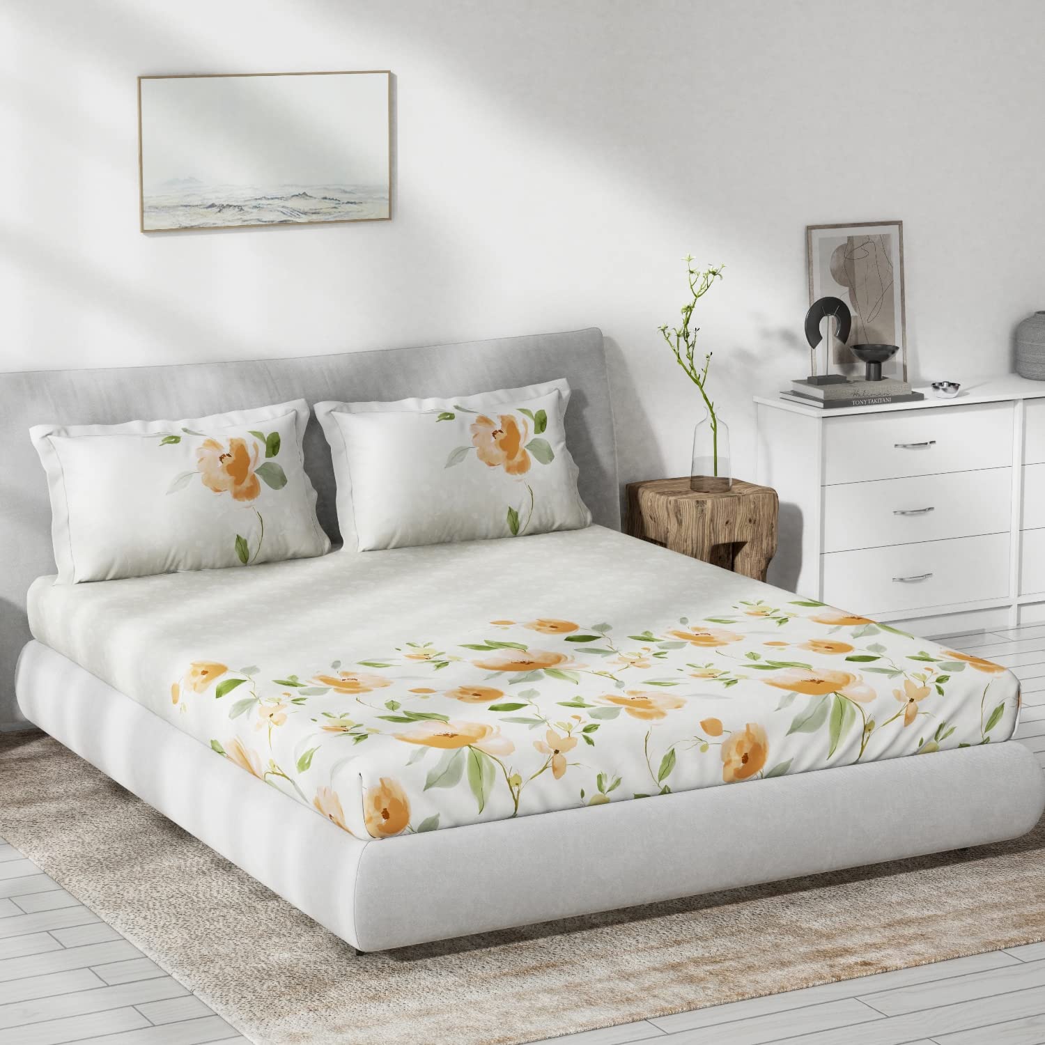 DDECOR - Primary Collection 100% Cotton Floral Pattern 136TC King Bedsheet |229 CM X 274 CM| with 2 Pillow Covers - Orange