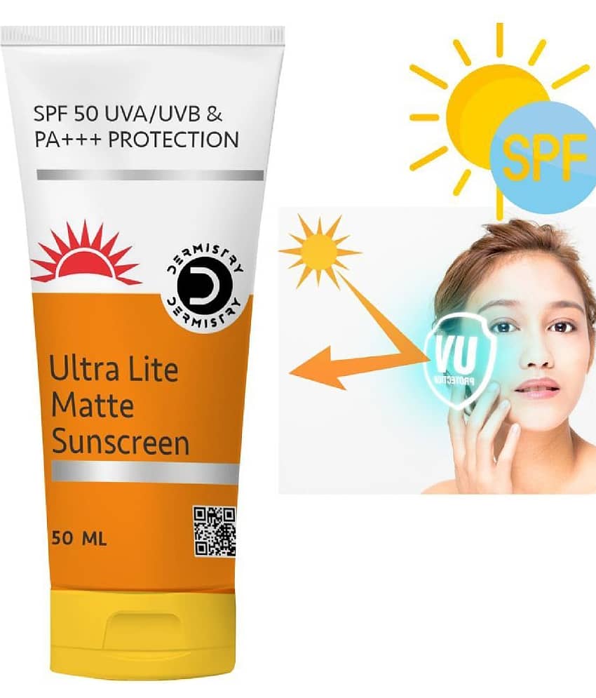 Dermistry Ultra Lite Matte Water Based Sunscreen Cream for Oily Skin SPF 50 Anti-Pollution UVA UVB PA+++ Daily Broad Spectrum Sun Protection Lightweight Moisturizer Aqua Gel Best Lotion Even Tone for All Day Active Daily Use No White Cast Men & Women-50ml