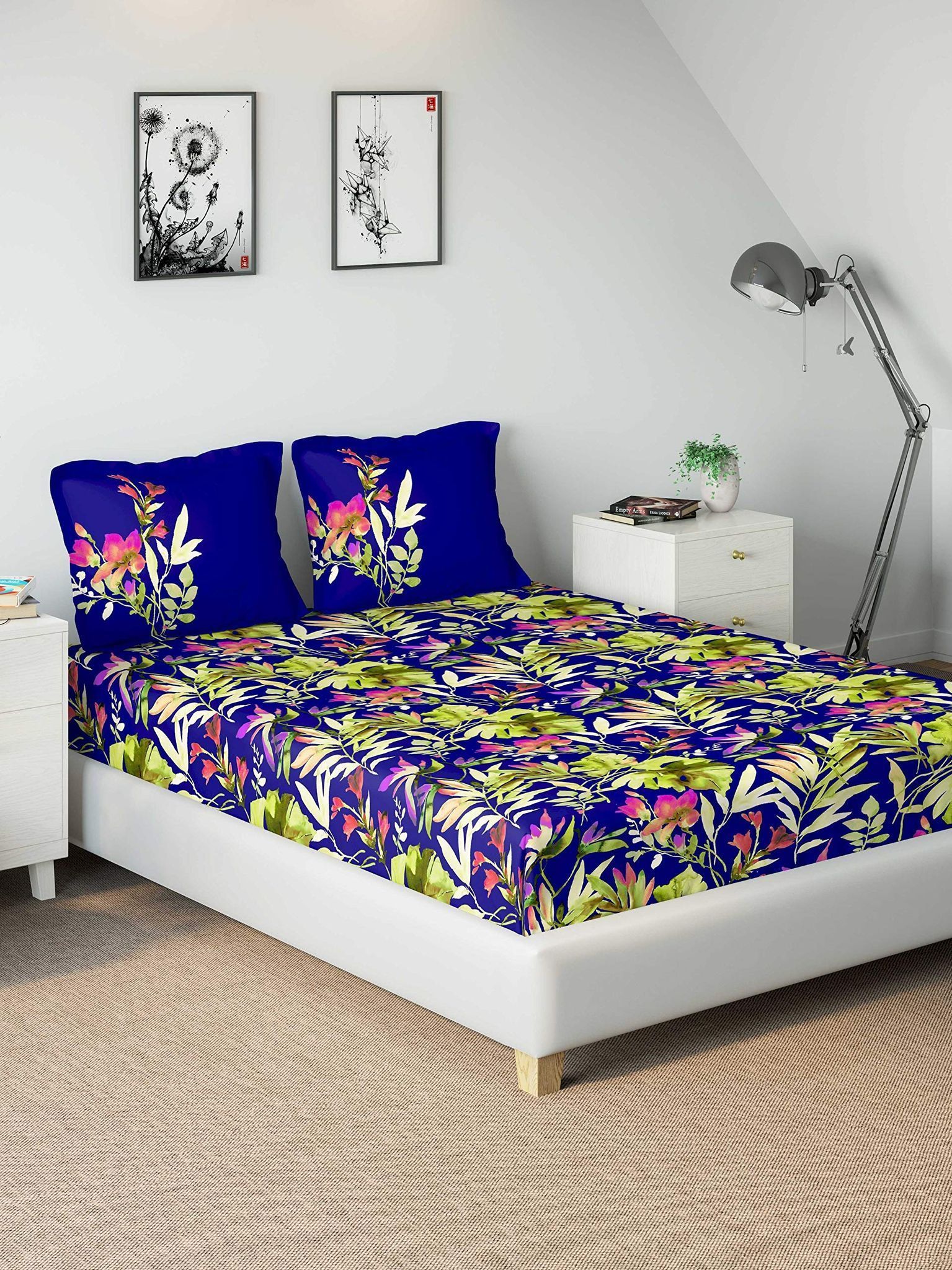 DDECOR - Esteem Collection 100% Cotton Floral Pattern 210TC Super King Bedcover |274 CM X 274 CM| with 2 pillow Covers - Blue