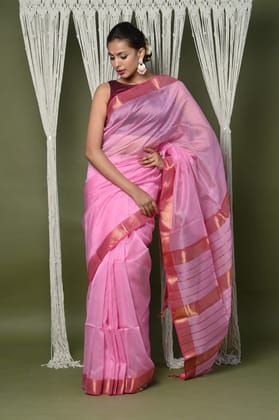 Handloom Cotton Silk Saree With Sleek Golden Border~ rose pink