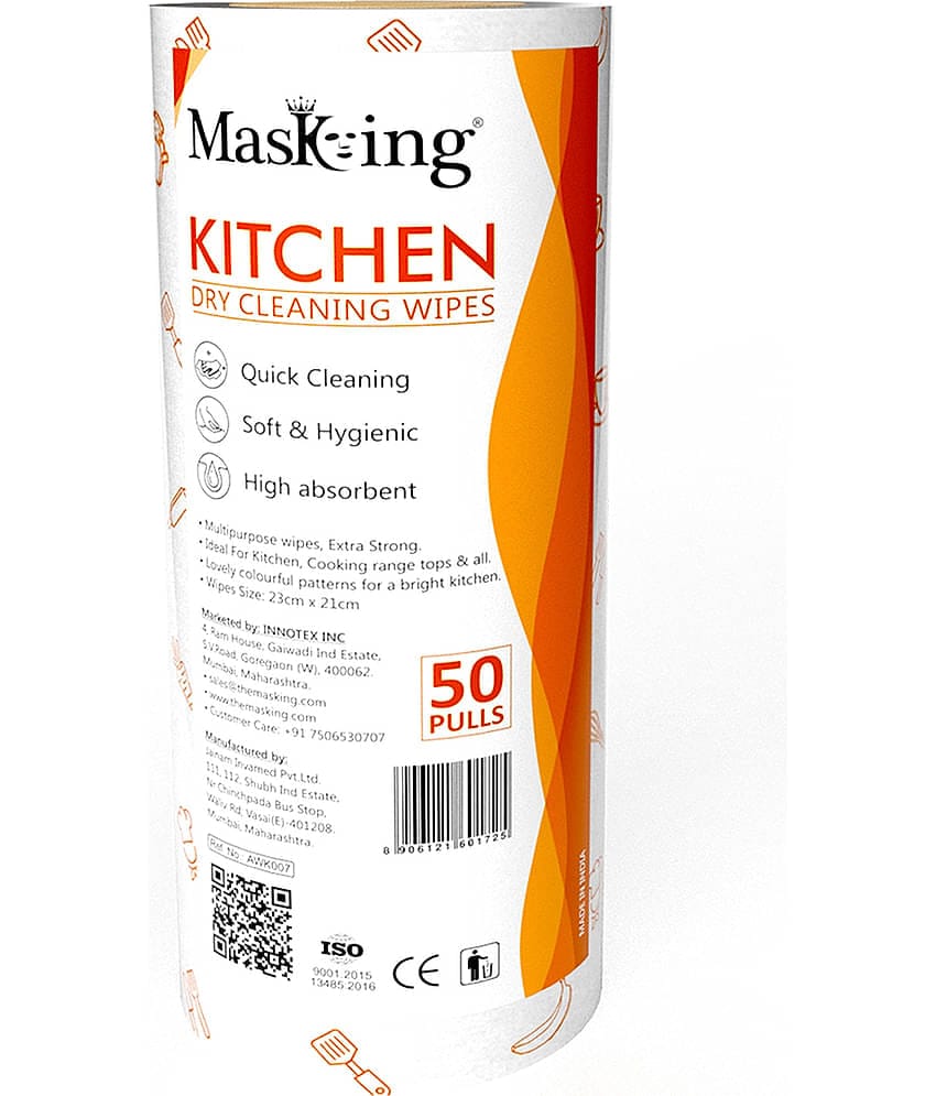 Masking Non-Woven Reusable & Washable Multi Surface Cleaner Wipes Kitchen Dry Wipes 23x21cm, 50 Pulls 180 g