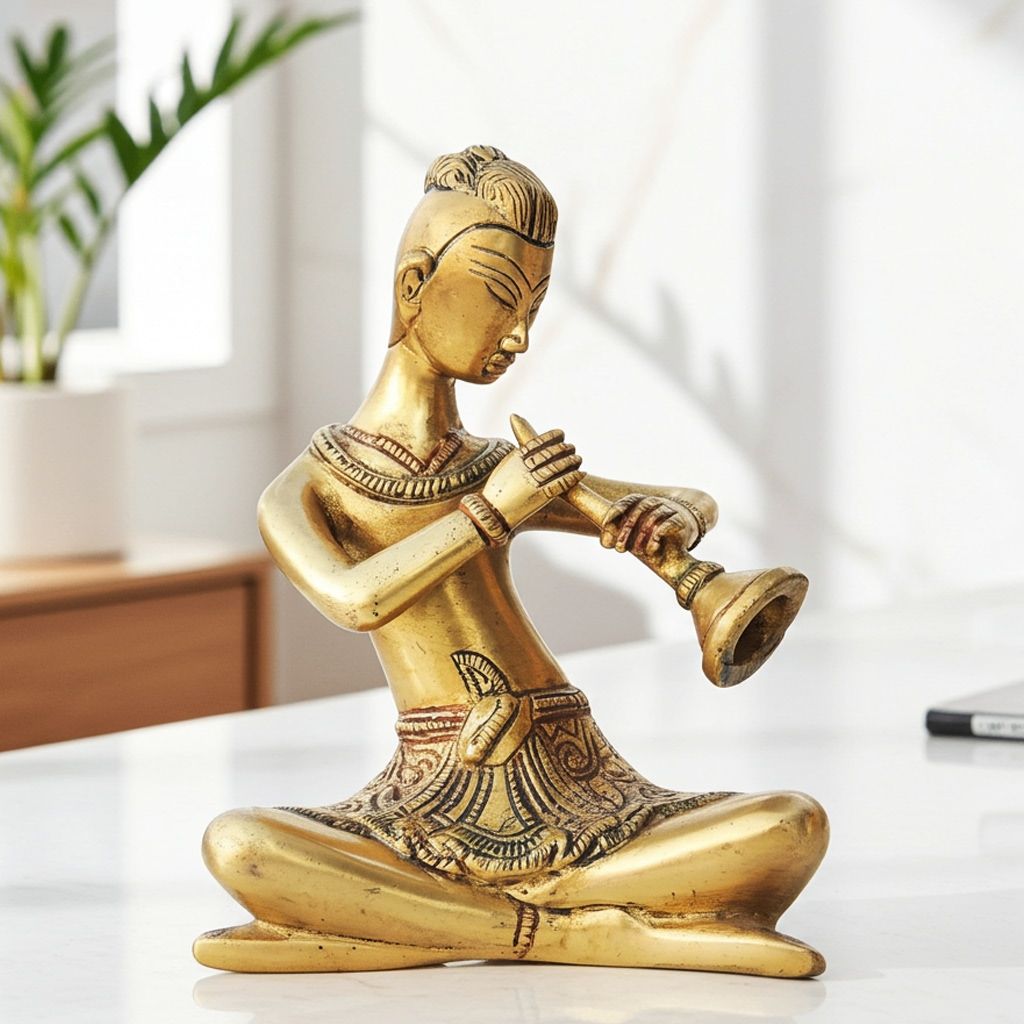 Brass Showpiece Man With Muscial Instrument, Height : 6 Inch (BSMAS1284 A)