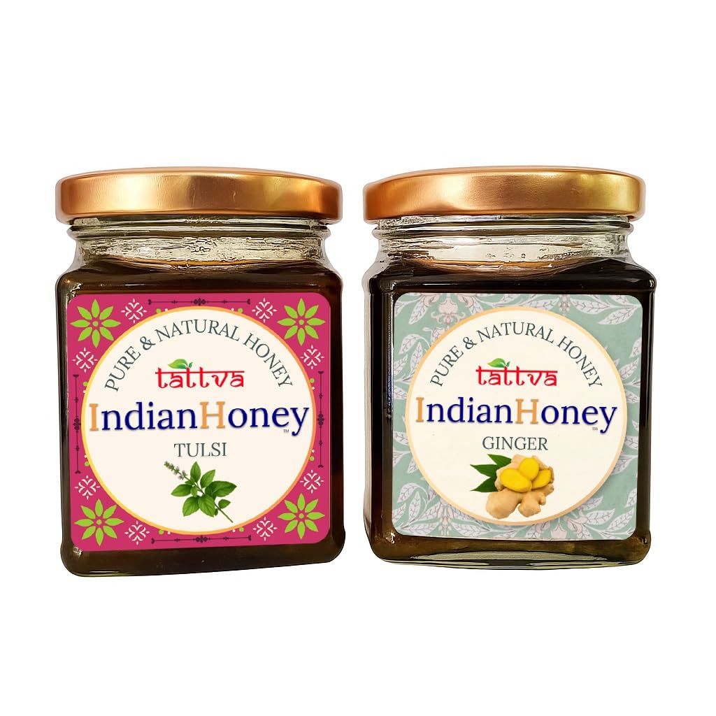 IndianHoney Warming & Anti-Inflammatory Ginger Infused Honey & Ayurvedic & Stress-Relief Tulsi Infused Honey Combo Pack (230gm & 230gm)