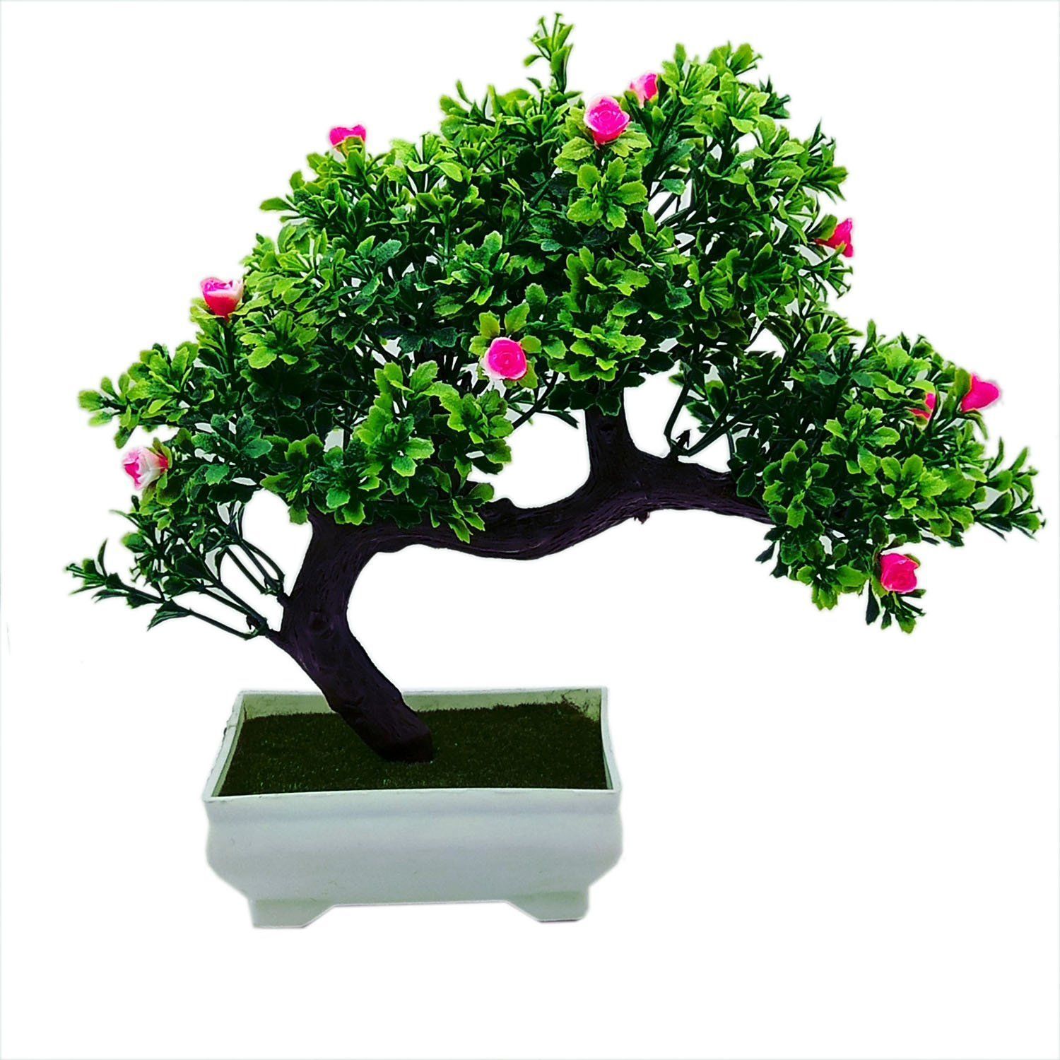 FOLIYAJ Artificial Plant with Pot | Bent Bonsai Tree with Dark Green Leaves and Pink Flowers | Melamine White Pot with Real Looking Green Grass