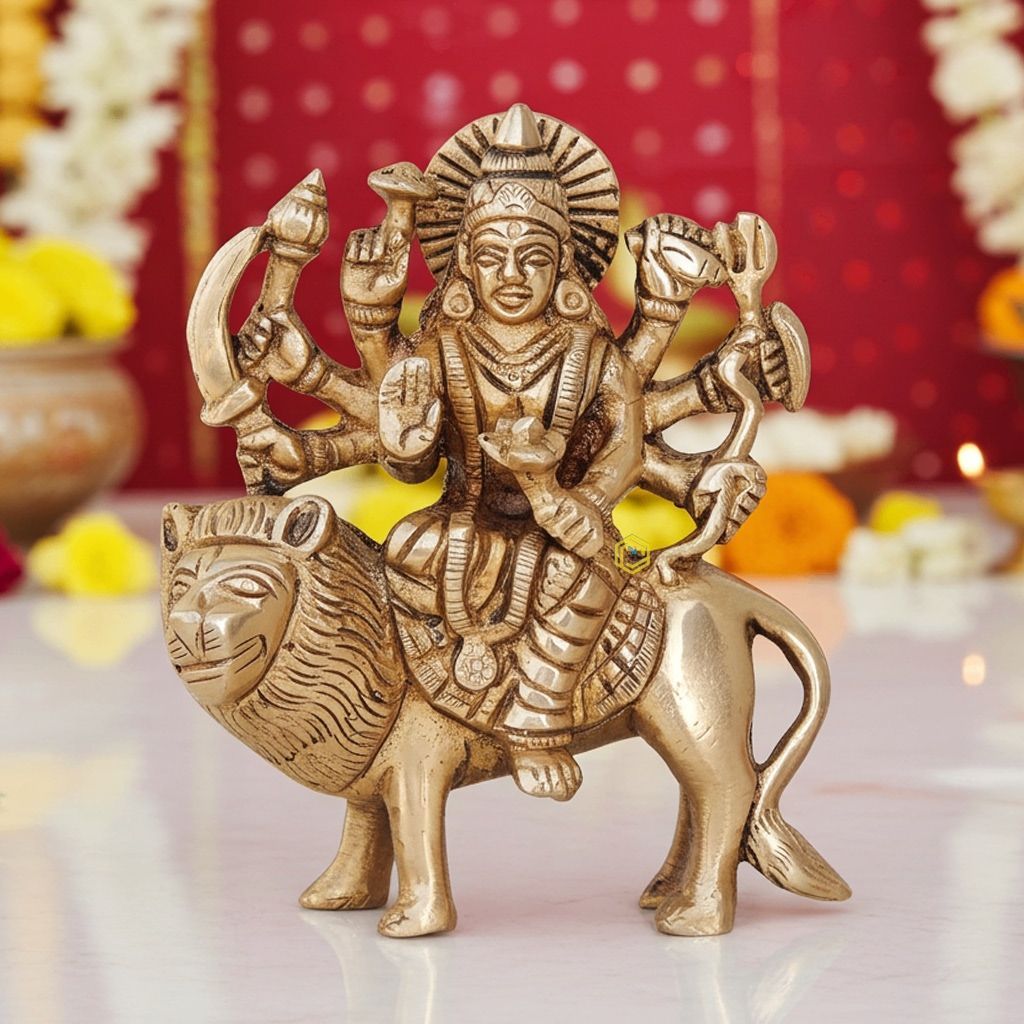 Brass Durga Ji God Idol Statue - Premium Handcrafted Brass Showpiece, Height : 4 Inch (BSMAS745 A)