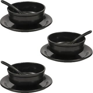 Ariya Melamine Soup Bowl Set with Spoon and Plate - Black, Set of 3 | Durable & Multipurpose for Soup, Noodles & Pasta