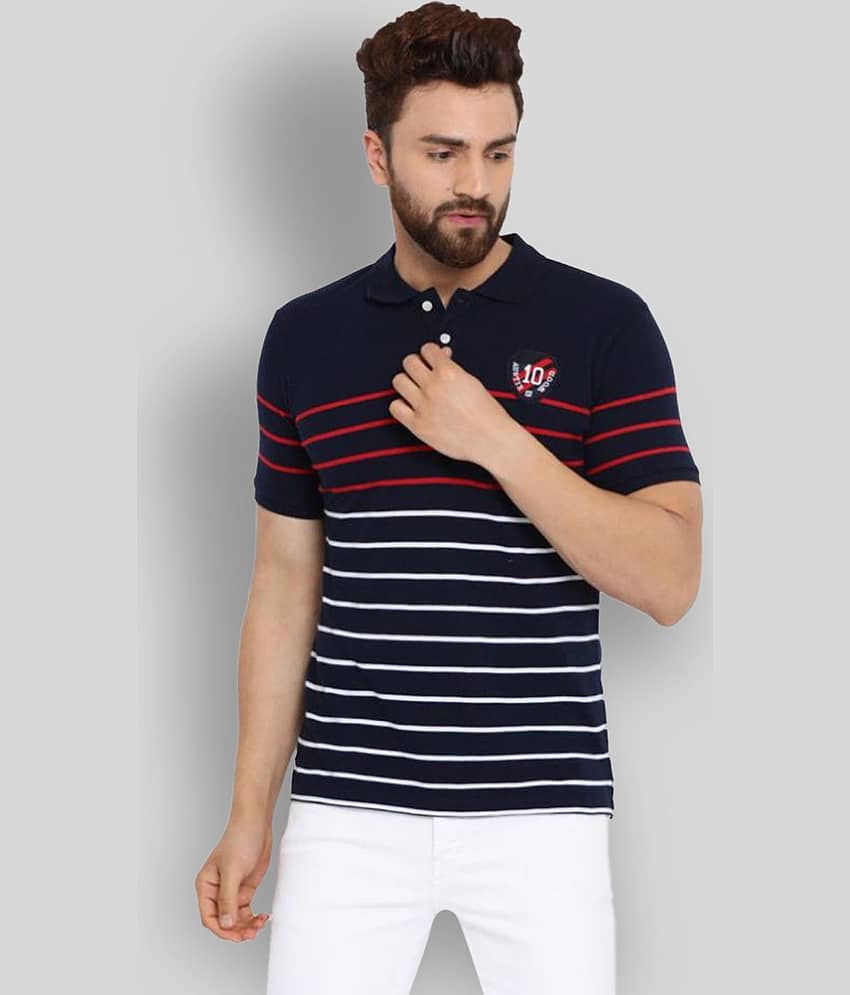AUSTIN WOOD Pack of 1 Cotton Blend Regular Fit Striped Half Sleeves Men's Polo T Shirt ( Navy )