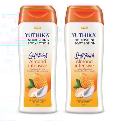 Yuthika Almond Body Lotion for Dry Skin 300ml Pack of 2, Non-Greasy Fast Absorbing & Long Lasting Nourishing Body Lotion