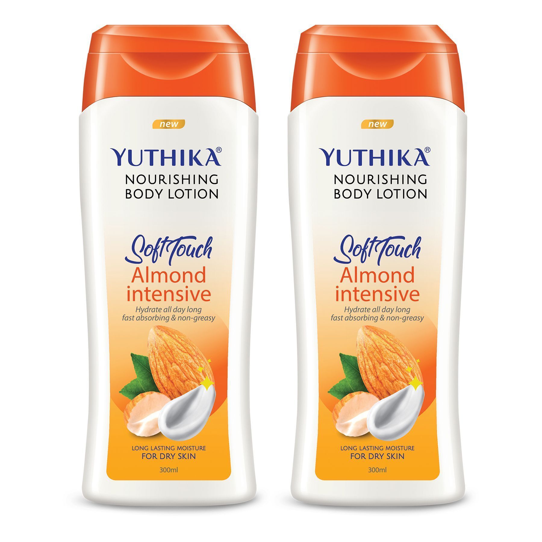 Yuthika Almond Body Lotion for Dry Skin 300ml Pack of 2, Non-Greasy Fast Absorbing & Long Lasting Nourishing Body Lotion