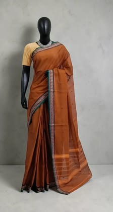 Handwoven Kanchipuram Cotton-Silk Saree in Rust Brown with Golden Border Handwoven Kanchipuram Cotton-Silk Saree in Rust Brown with Golden Border