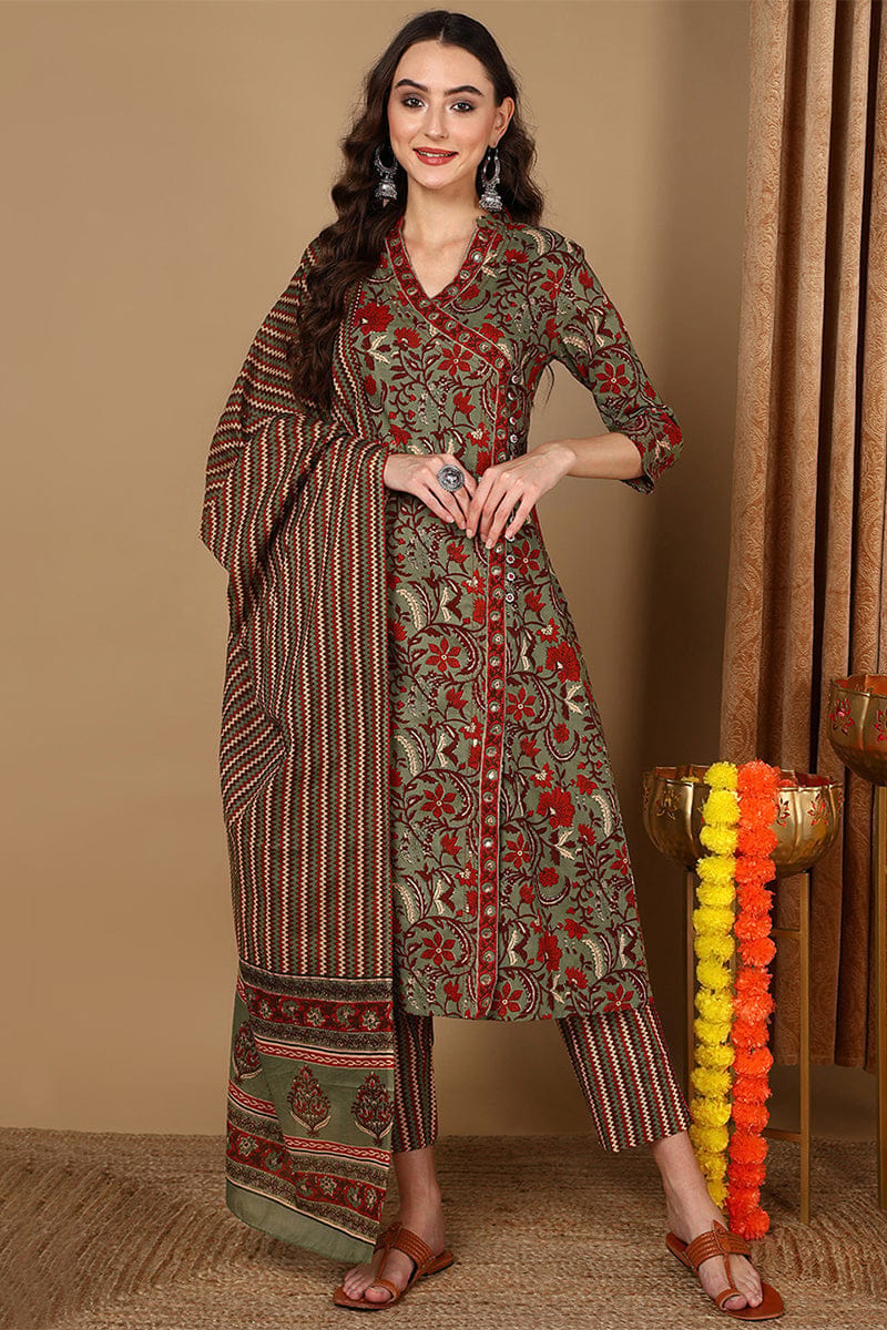 Green Pure Cotton Floral Printed Anarkali Suit Set VKSKD2067