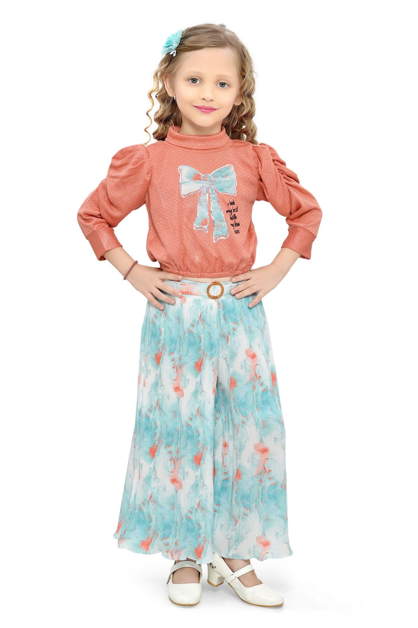 Be:Kids Coral Puff-Sleeve Top and Floral Palazzo Pants Set for Girls