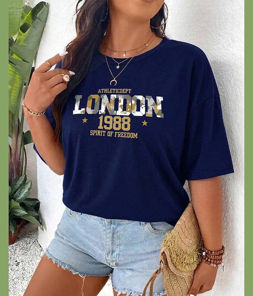AUSK Women Cotton Blend Printed Loose Round Neck T-Shirt ( Blue )