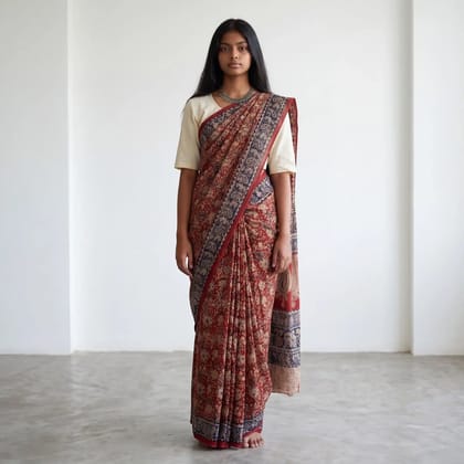 Pedana Kalamkari Block-Print Mulmul Cotton Saree in Maroon Pedana Kalamkari Block-Print Mulmul Cotton Saree in Maroon