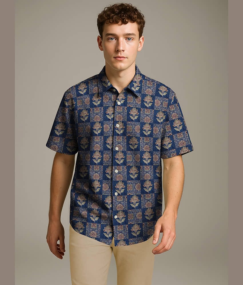 BULLMER Trendy Regular Fit Cotton Blend Printed Casual Half Sleeve Shirt for Men | Stylish Mens Casual Shirts | Shirts for Men_Navy Blue