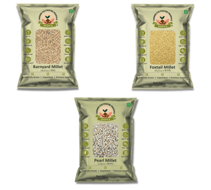 Sedya Three Millet Combo Whole Grains | Barnyard, Foxtail & Pearl Millet | Certified Low GI | Udalu / Korralu / Sajje | Gluten Free | Unpolished, Toasted, No Soaking Required | High Plant Protein & Fibre | Total 1.5 Kg (500 g Each Pack)