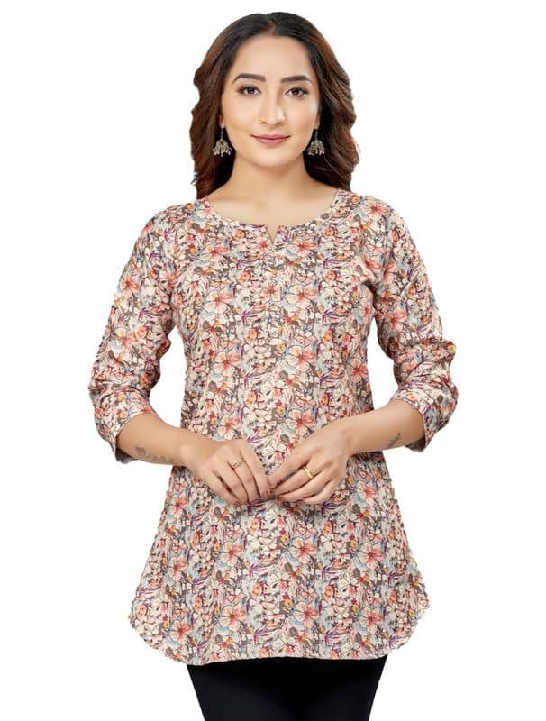 Women's Cotton Blend Round Neck 3/4 Sleeves Short Top (Multicolor, L)-PID56233