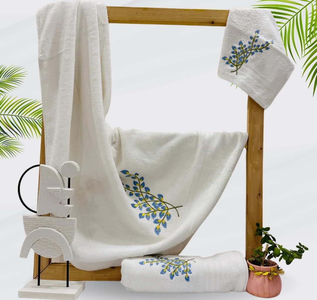 Mrijaa Luxury Embroidered Bath Towel Set, Bamboo, Hypoallergenic, Quick Absorption, Floral Cascade, Eco Choice (Bath Towel-70/150 CM) (Hand Towel-40/60 CM) (Face Towel-30/30 CM)