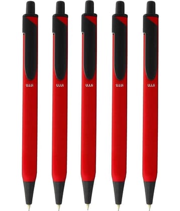 UJJi Red Color Body Click on and Off Matte Finish Body Pack of 5 Retractable (Blue Ink) Metal Ball Pen
