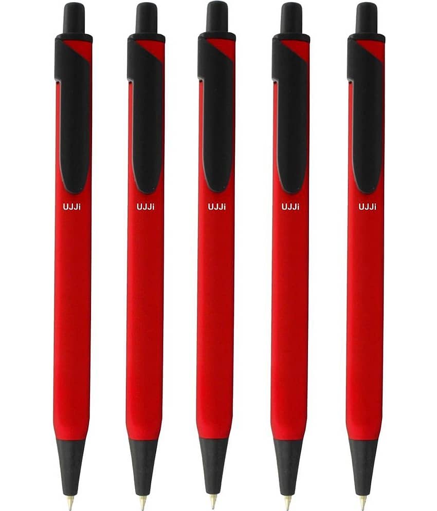 UJJi Red Color Body Click on and Off Matte Finish Body Pack of 5 Retractable (Blue Ink) Metal Ball Pen