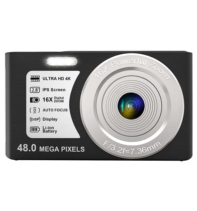 LEQTRONIQ 4K Digital Camera - 48MP Compact Camera with 32GB SD Card, 16x Zoom & Autofocus for Recording, Vlogging, Streaming - 1 Year Warranty (2 Batteries) (Black) Black