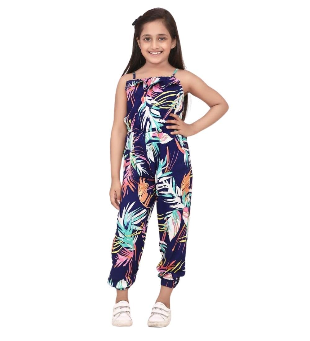 Girl's Rayon Printed Sleeveless Jumpsuit (Blue-Multicolor, 4-5-Yrs)-PID66084