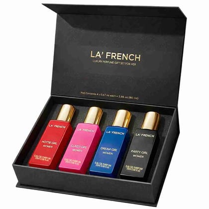 La French Sassy Luxury Perfume Gift Set for Women Set of 4 Mini Perfumes (20ml Each) | Long-Lasting & Luxurious Fragrances | Premium Combo Gift Set for Girls & Women | Perfect for Gifting & Everyday Elegance La French Sassy Luxury Perfume Gift Set for Women Set of 4 Mini Perfumes (20ml Each) | Long-Lasting & Luxurious Fragrances | Premium Combo Gift Set for Girls & Women | Perfect for Gifting & Everyday Elegance
