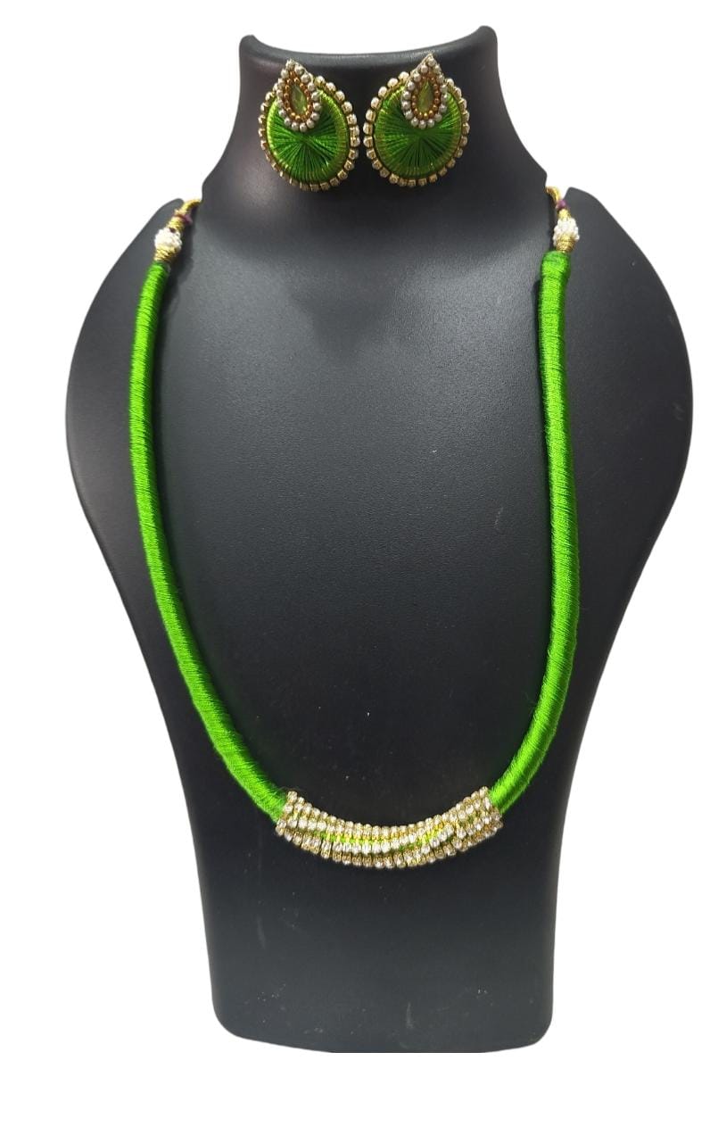 Green Silk Thread Necklace Set with Stone and Pearl Detailing