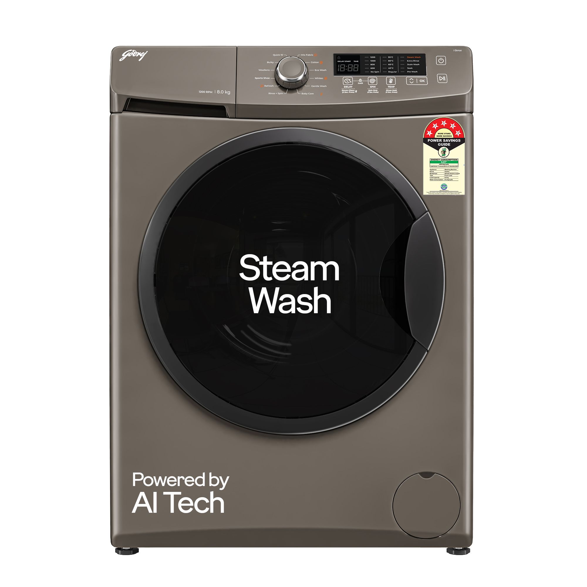 Godrej 8 Kg 5 Star, With AI Tech, Fully-Automatic Front Load Washing Machine (WFEON CRS 8012 5.0 FKEDM CNGR, Inbuilt Heater, Candy Grey)