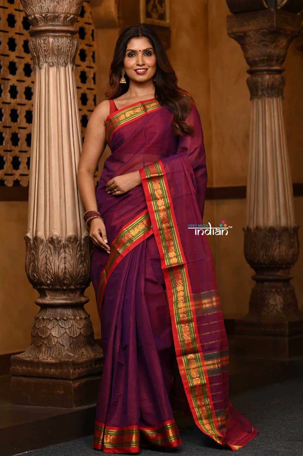 Parampara ~ Pure Cotton Saree in Regal Magnetic Maroon with Exclusive Zari Border & Pallu