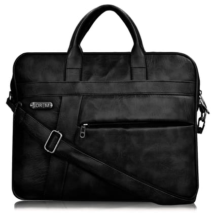 LOREM Black Color Faux Leather 10L Laptop Messenger Bag For Men & Women BG17