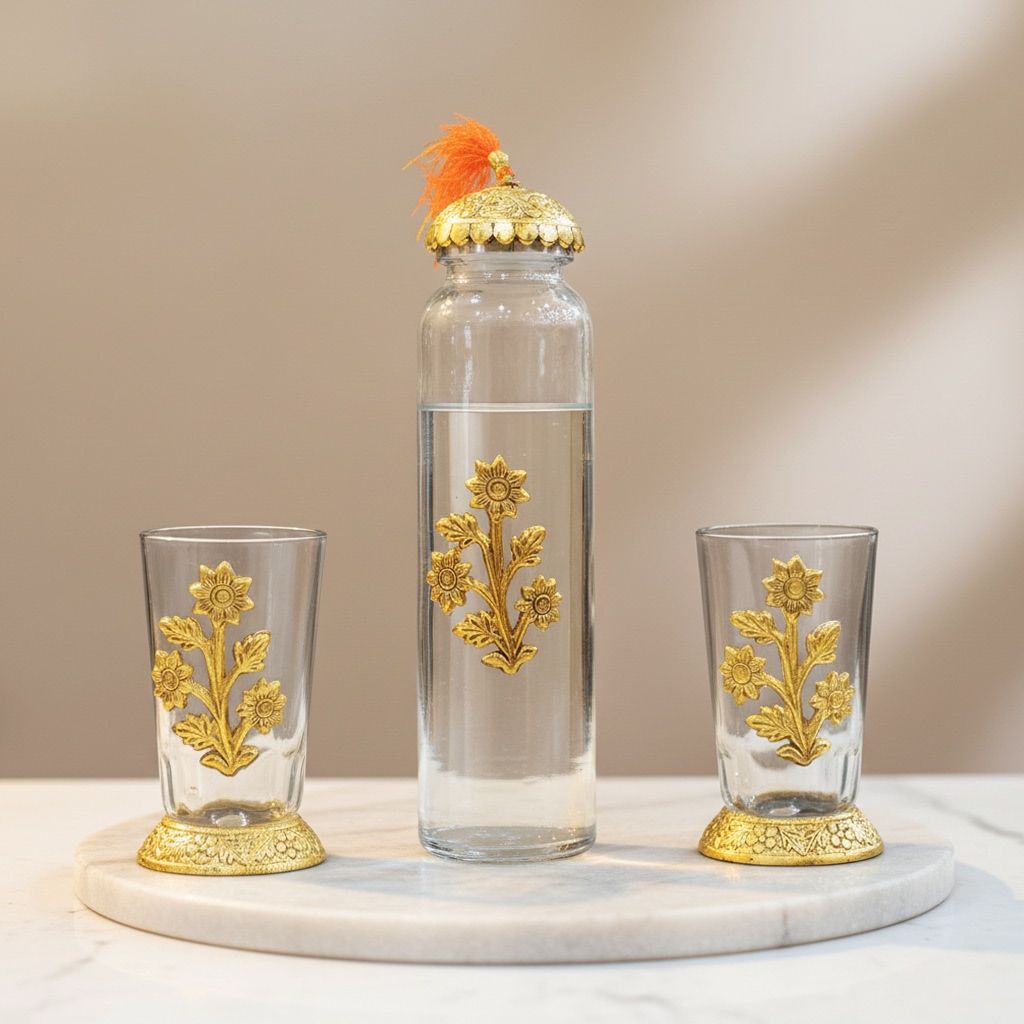 Aluminium Bottle with 2 Glass Set | Decorative Drinkware Gift Set, Height : 10.5 Inch (ASMAS537 D)