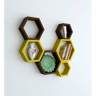 Onlinecraft Wooden Book Rack Shelf Wooden Wall Shelf (Number Of Shelves - 6, Yellow, Brown, Multicolor)