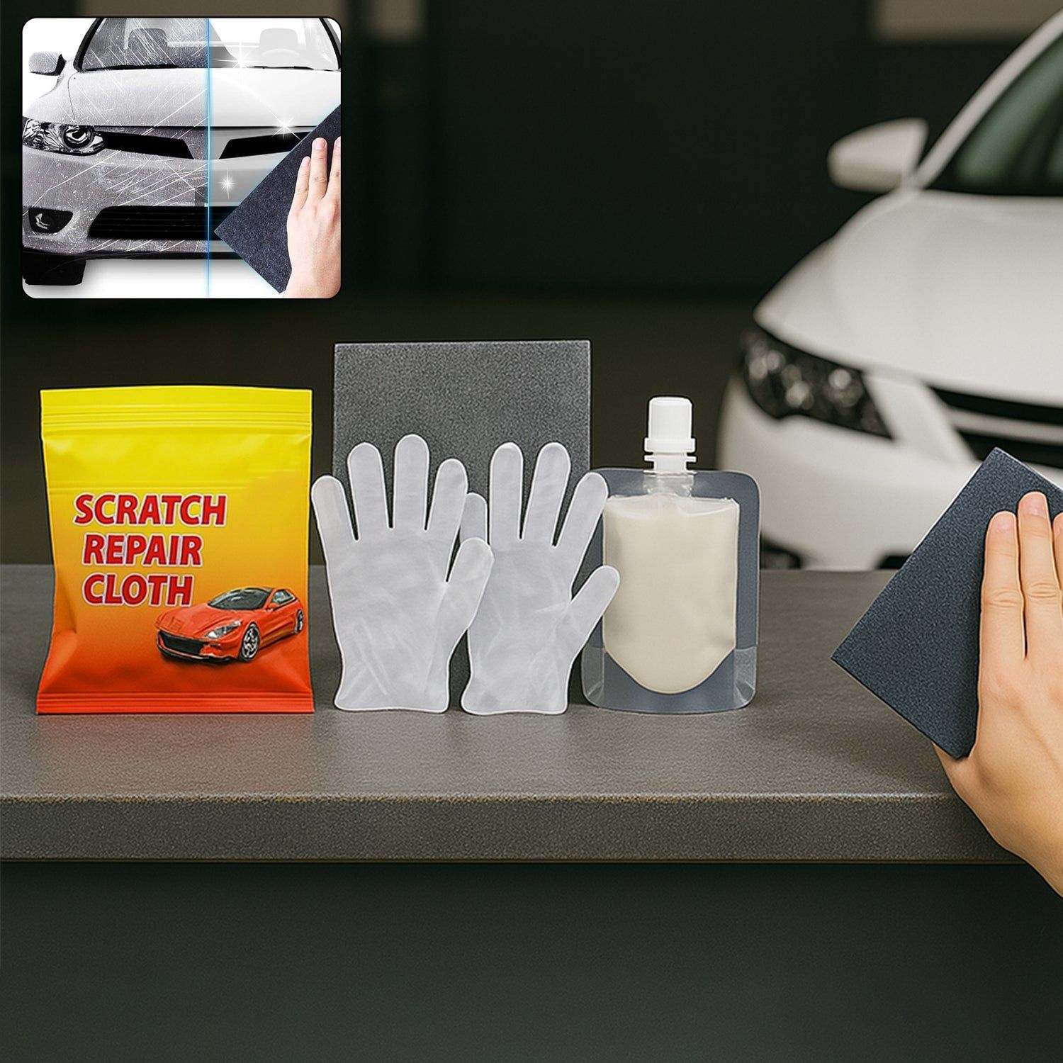Nano Magic Car Scratch Remover Cloth, Multipurpose Scratch Repair Cloth, Cloth for Car Paint Scratch Repair, Easy to Repair Slight Scratches on the Surface Polishing Repeatable Use for All Kinds of Car (45 ML Repair Solution, 2 Gloves, 2 nano Cloth)