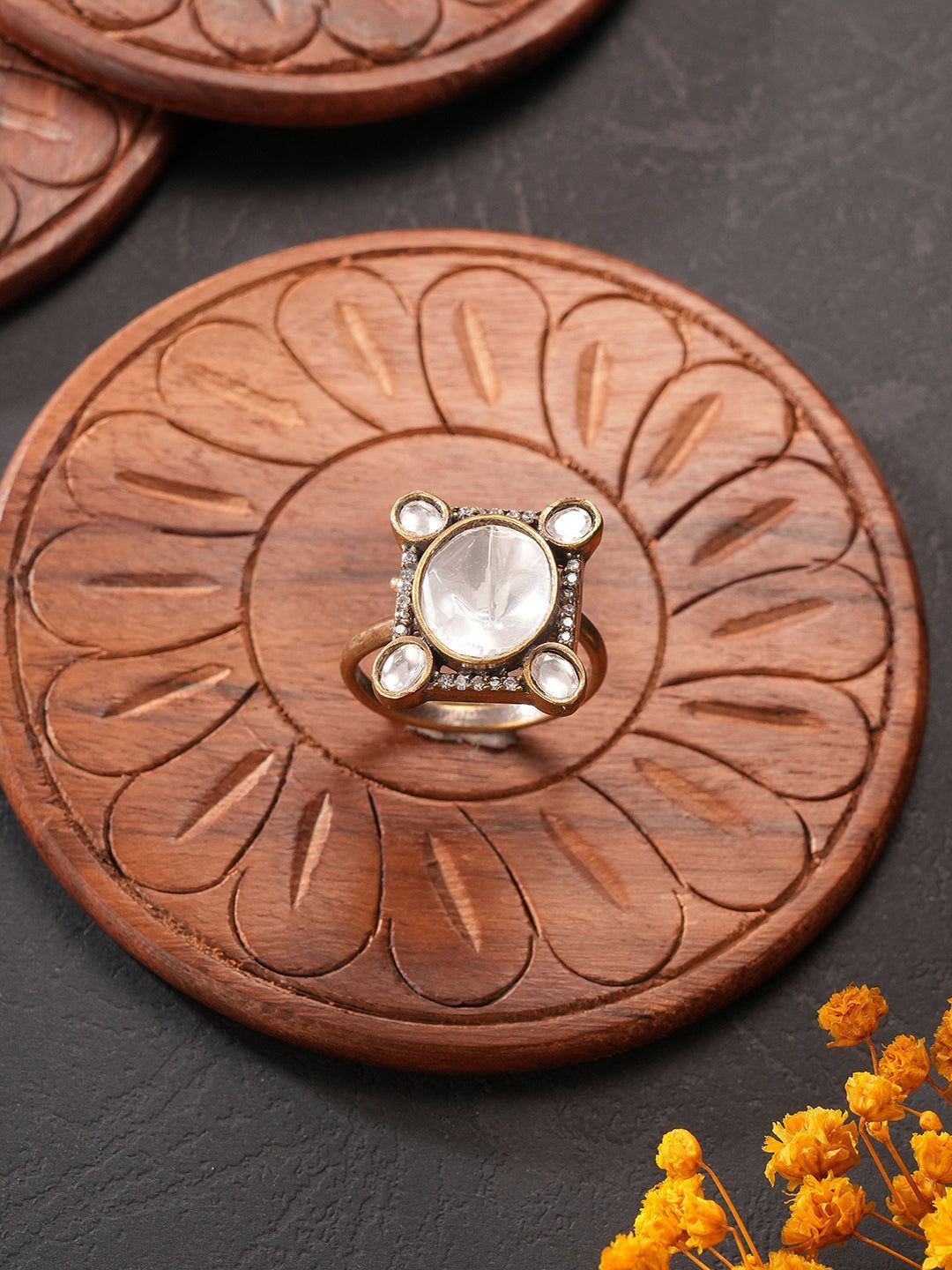 Gold Plated Kundan Uncut Mossanite Studded Geometric Minimal Adjustable Finger Ring