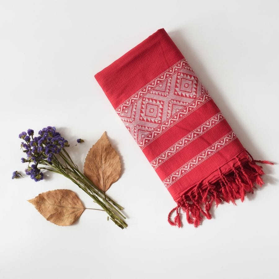 Traditional Red Geometric Cotton Shawl