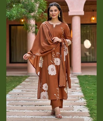 Eeloo Women Silk Embroidered Straight Kurti With Pants ( Brown )